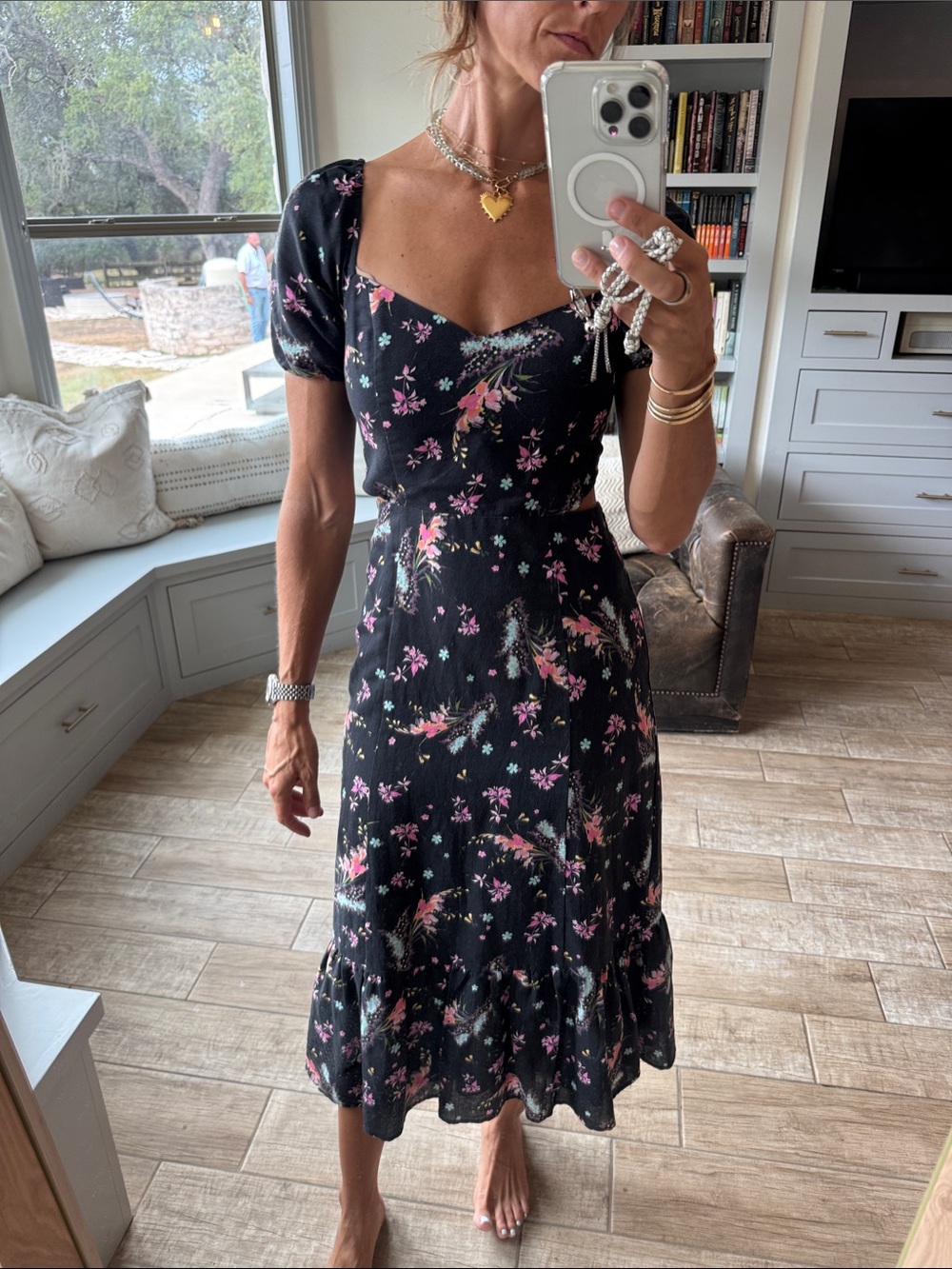 PAIGE Black Midi Dress with Pink Floral Print